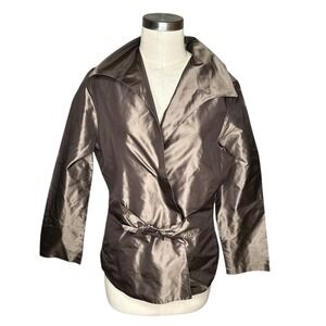 PETER COHEN Metallic Bronze Silk Draped Collar Tie Waist Top Jacket Women's L‎